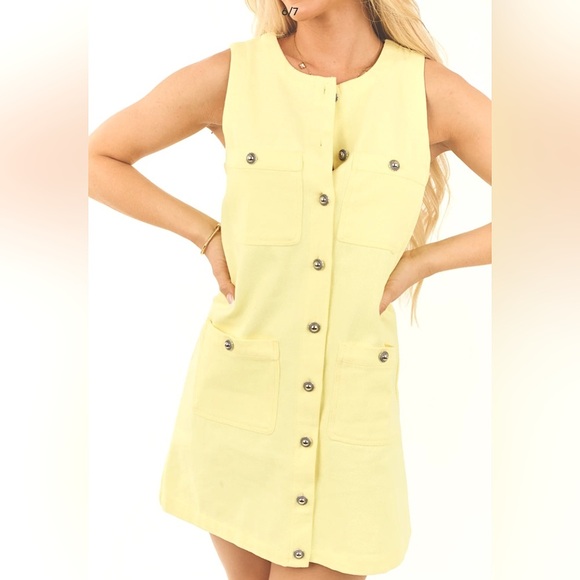 Entro Butter Yellow Sleeveless Mini Denim Shift Dress NWT Button Front Sz M - Picture 1 of 8